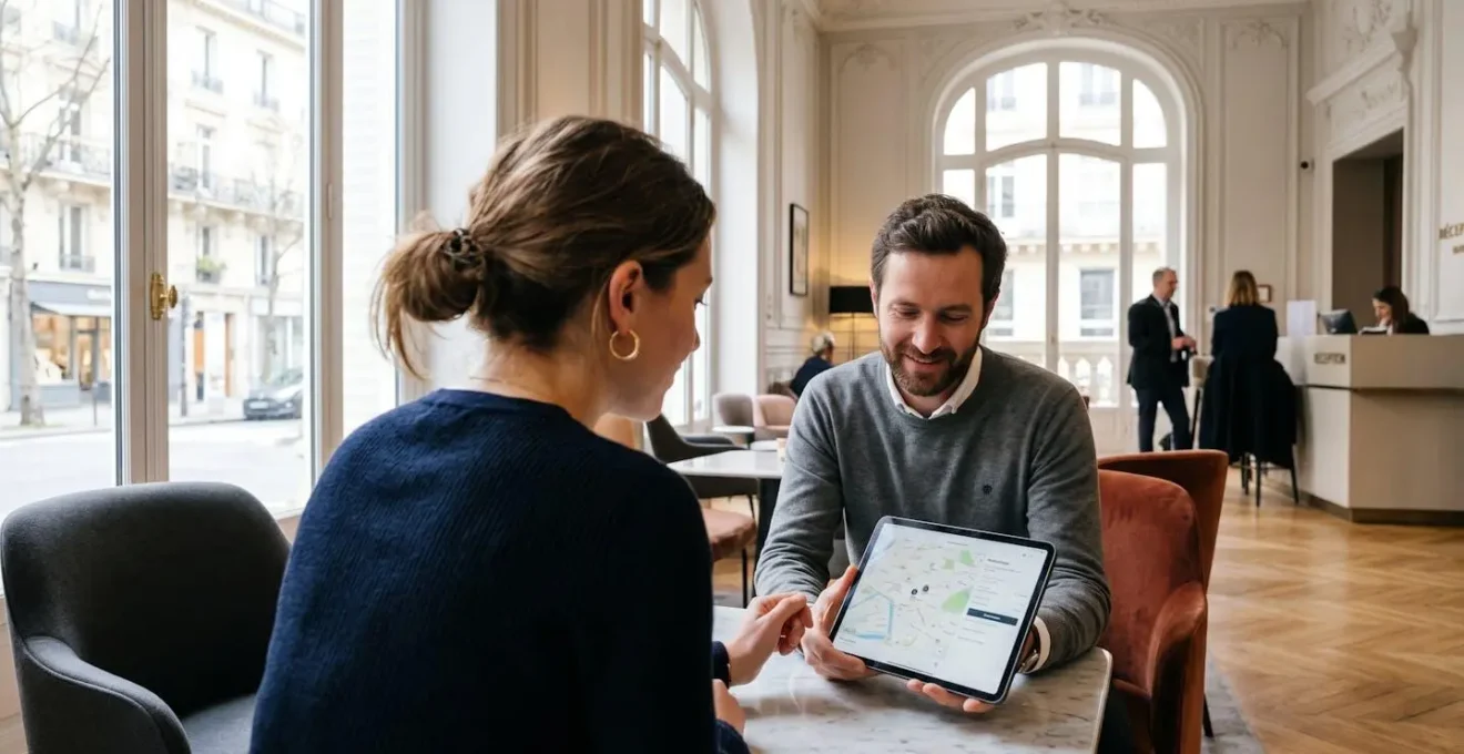 Un couple vu de dos consulte une tablette dans le lobby élégant d'un hôtel parisien de style haussmannien avec moulures contemporaines