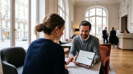 Un couple vu de dos consulte une tablette dans le lobby élégant d'un hôtel parisien de style haussmannien avec moulures contemporaines