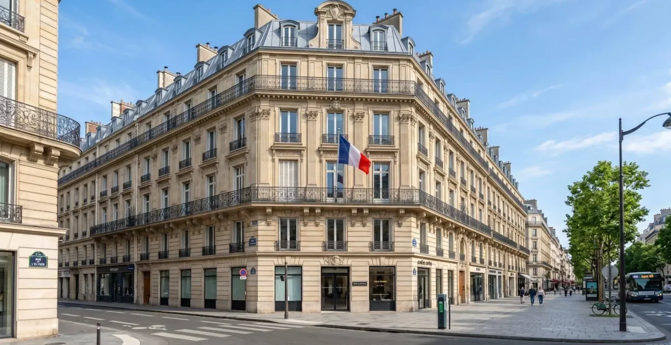 Façade d'un immeuble haussmannien typique en pierre de taille avec balcons en fer forgé dans le 8ème arrondissement parisien sous un ciel lumineux