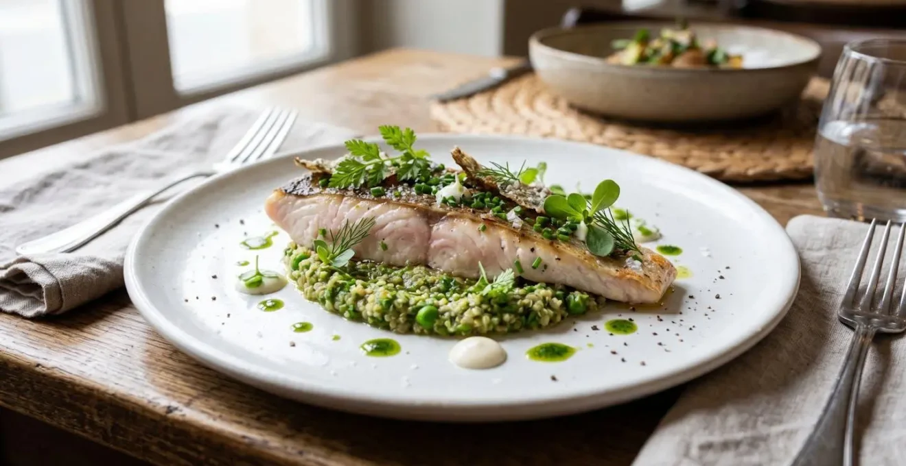 Assiette gastronomique élégamment dressée avec poisson du lac et herbes fraîches sur une table de restaurant raffinée