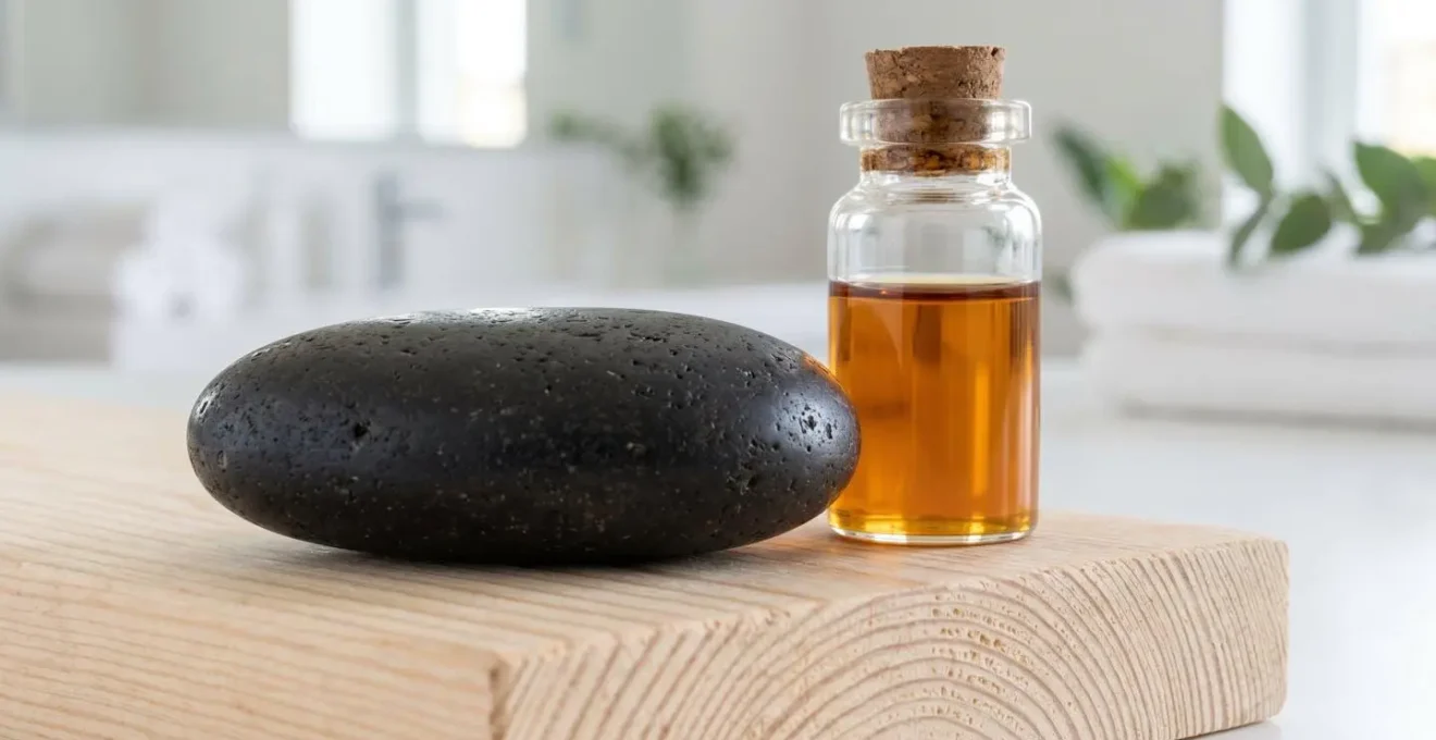 Bouteille d'huile essentielle et pierre chaude disposées sur une surface en bois clair dans un spa contemporain