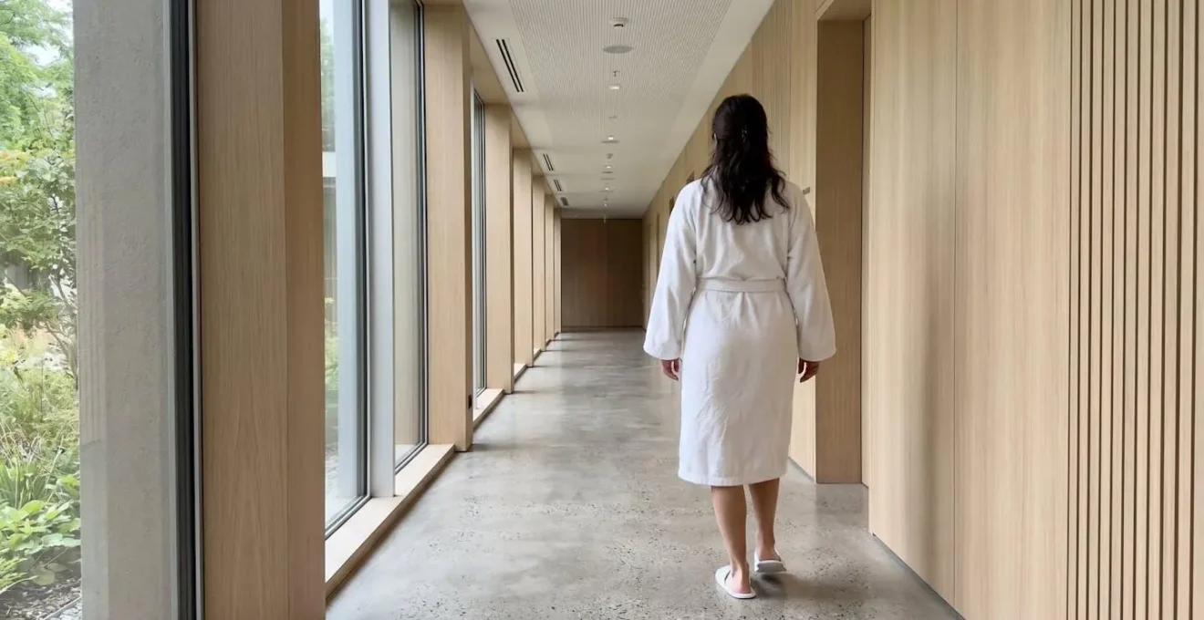 Personne de dos en peignoir blanc marchant dans un couloir de spa minimaliste baigné de lumière naturelle douce
