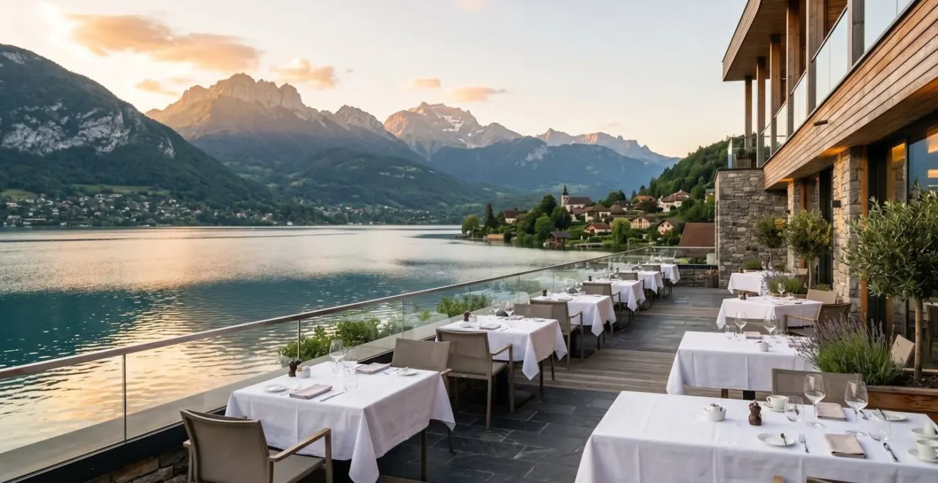Terrasse d'hôtel élégante au bord du lac d'Annecy au lever du soleil, avec tables dressées et vue panoramique sur les montagnes