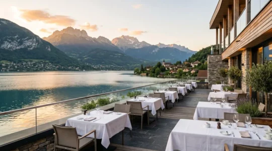 Terrasse d'hôtel élégante au bord du lac d'Annecy au lever du soleil, avec tables dressées et vue panoramique sur les montagnes